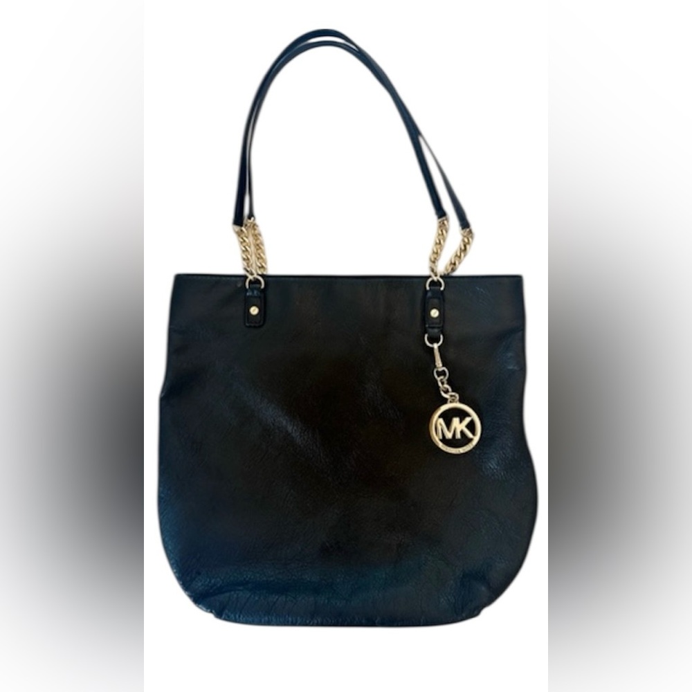 Michael Kors Jet Set gold chain & black pebbled leather hobo tote shoulder purse